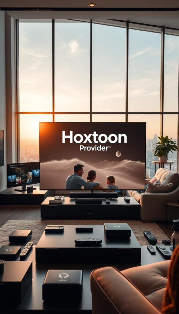 A modern living room with a sleek, high-tech entertainment system. In the foreground, a large flat-screen TV displays the Hoxtoon Provider logo, showcasing the company's cutting-edge IPTV streaming services. Surrounding the TV, various streaming devices, remote controls, and other media accessories are neatly arranged, hinting at the seamless integration of digital entertainment. The middle ground features a comfortable couch and armchair, where a family is relaxed and engaged with their favorite shows and movies. The background depicts a panoramic window, allowing natural light to flood the space and create a warm, inviting atmosphere. The overall scene conveys the evolution of television entertainment in the digital age, where Hoxtoon Provider's innovative IPTV solutions deliver a modern, immersive viewing experience.