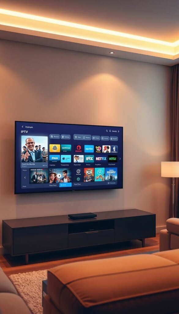 A modern living room with a sleek, minimalist television set displaying the Hoxtoon Provider logo. The screen showcases a vibrant, high-resolution image of various IPTV services and streaming options, including an array of popular channels and on-demand content. The room is bathed in warm, soft lighting, creating a cozy and inviting atmosphere. The composition emphasizes the seamless integration of technology into the home environment, reflecting the evolution of television from traditional cable to the convenience and flexibility of IPTV. A modern living room with a sleek, minimalist television set displaying the Hoxtoon Provider logo. The screen showcases a vibrant, high-resolution image of various IPTV services and streaming options, including an array of popular channels and on-demand content. The room is bathed in warm, soft lighting, creating a cozy and inviting atmosphere. The composition emphasizes the seamless integration of technology into the home environment, reflecting the evolution of television from traditional cable to the convenience and flexibility of IPTV.