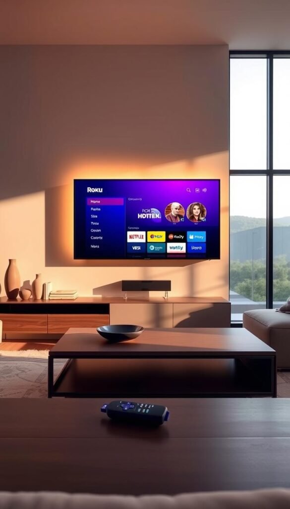 A modern living room with a sleek, wall-mounted Roku TV displaying the Hoxtoon Provider IPTV subscription interface. The TV is bathed in warm, soft lighting, creating a cozy and inviting atmosphere. In the foreground, a contemporary coffee table holds a remote control, suggesting user interaction. The middle ground features minimalist decor and clean lines, emphasizing the device's seamless integration into the space. The background showcases a large window overlooking a serene, natural landscape, providing a calming backdrop. The overall scene conveys the ease and convenience of accessing a wide range of content through the Hoxtoon Provider IPTV service on the Roku TV.