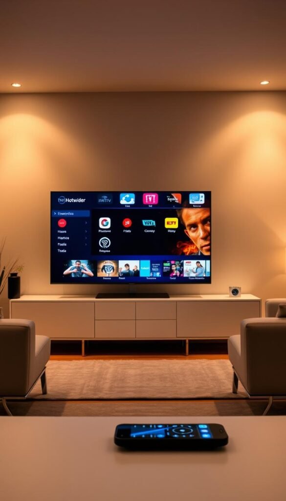 A modern living room with a smart TV display prominently showcasing the Hoxtoon Provider IPTV service. The TV screen shows a vibrant user interface with a diverse selection of live TV channels, on-demand content, and streaming apps. The room is bathed in warm, diffused lighting, creating a cozy and inviting atmosphere. The layout features sleek, minimalist furniture, hinting at the technological sophistication of the IPTV system. In the foreground, a remote control and a smartphone are visible, representing the seamless integration of IPTV with various devices. The overall scene conveys the growing popularity and accessibility of IPTV services, particularly the Hoxtoon Provider, within the USA.