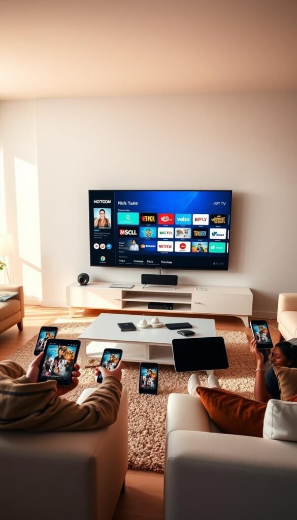 A modern living room with sleek, minimalist furniture. In the center, a large 4K smart TV displaying the Hoxtoon Provider IPTV app, showcasing a rich variety of HD premium channels. Around the TV, several smartphones, tablets, and laptops are connected, all streaming the same content simultaneously. The room is bathed in warm, natural lighting, creating a cozy and inviting atmosphere. The devices are arranged neatly, highlighting the seamless multi-device support of the Hoxtoon IPTV service. The overall scene conveys the convenience and flexibility of enjoying premium content across multiple screens in a stylish, high-tech home environment.