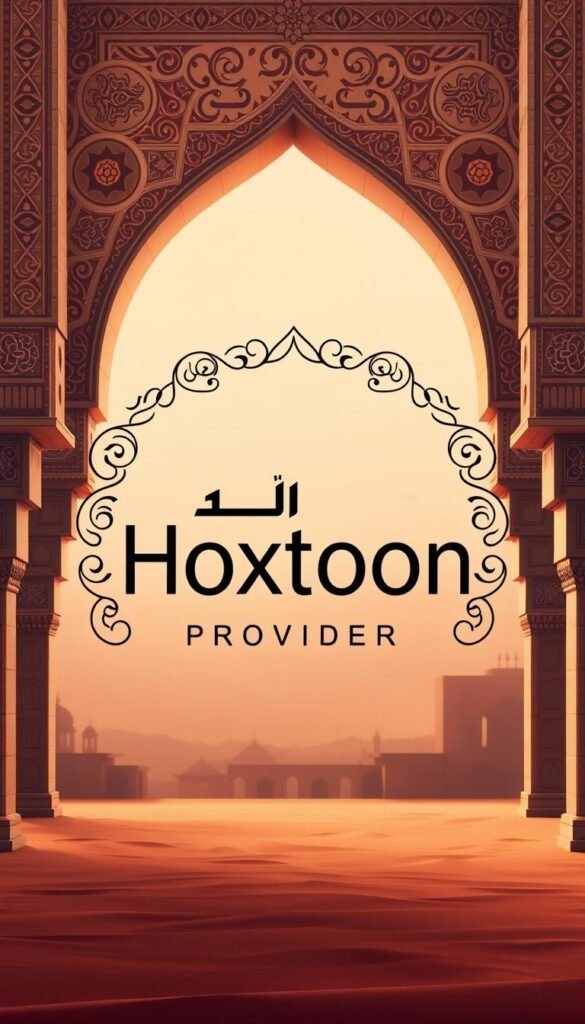 A modern, minimalist Arabic IPTV service provider logo against a backdrop of rich, vibrant Arabic architectural elements. In the foreground, the "Hoxtoon Provider" logo stands out in a clean, bold font, conveying a sense of professionalism and authority. In the middle ground, intricate arabesques, geometric patterns, and ornate calligraphic details frame the logo, hinting at the cultural heritage and global reach of the service. The background features a muted, warm-toned color palette, evoking the desert landscapes and ancient traditions of the Middle East, all bathed in soft, diffused lighting that creates a sense of timelessness and elegance.