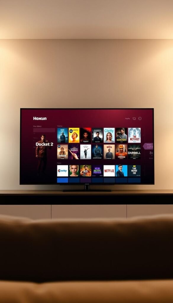 A modern, minimalist Roku TV with a prominent IPTV app interface, showcasing the Hoxtoon Provider brand. The screen displays an extensive VOD library of over 150,000 titles, with sleek, high-resolution cover art and intuitive navigation. The TV is set against a warm, neutral-toned living room backdrop, with soft, diffused lighting and clean lines. The overall atmosphere conveys a sense of premium entertainment and effortless content discovery.