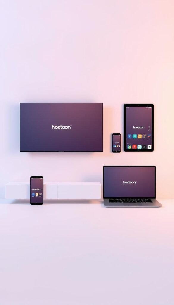 A modern, minimalist composition depicting a sleek, multi-device setup showcasing the Hoxtoon Provider IPTV service. The arrangement features an array of contemporary electronics - a smart TV, tablet, smartphone, and laptop - all seamlessly integrated and displaying the Hoxtoon interface. Soft, directional lighting highlights the clean lines and premium aesthetics of the devices, conveying a sense of effortless connectivity and versatility. The background is a simple, neutral gradient that allows the central devices to take center stage, emphasizing the cross-platform compatibility of the Hoxtoon IPTV solution.