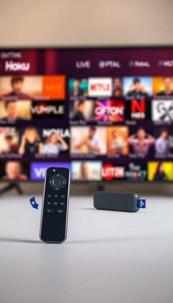 A modern, minimalist composition showcasing the Hoxtoon Provider IPTV service for Roku TV. A sleek, black Roku device stands prominently in the foreground, its clean lines and simple design reflecting the affordability and accessibility of the Hoxtoon streaming solution. Behind it, a vibrant, high-definition display depicts a diverse range of live TV channels and on-demand content, symbolizing the extensive library available through the Hoxtoon subscription. The background is softly blurred, drawing the viewer's eye to the Roku device and the tantalizing promise of endless entertainment. Warm, natural lighting bathes the scene, creating a sense of comfort and reliability associated with the Hoxtoon Provider brand.
