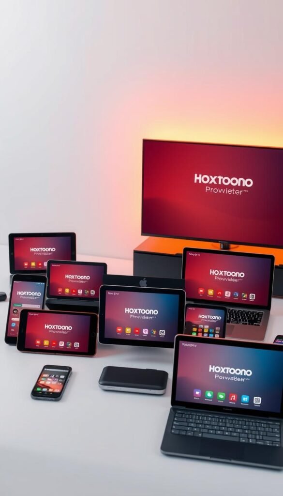 A modern, minimalist composition showcasing the seamless multi-device compatibility of the Hoxtoon Provider IPTV service. In the foreground, a collection of various electronic devices - smartphones, tablets, laptops, and smart TVs - arranged harmoniously, their screens displaying the Hoxtoon Provider interface. The devices are bathed in warm, soft lighting, creating a sense of cohesion and integration. In the middle ground, a subtle grid-like pattern suggests the interconnectivity of the devices, while the background features a clean, gradient-based color scheme that reinforces the high-tech, futuristic aesthetic. The overall impression is one of sophisticated, user-friendly technology that effortlessly adapts to the user's needs across multiple platforms.