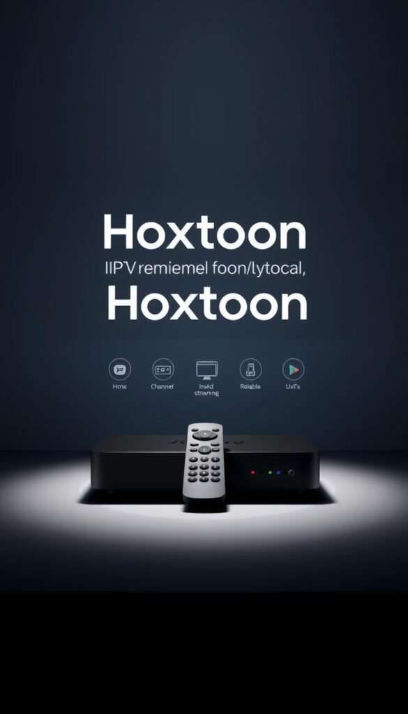 A modern, minimalist design showcasing the "Hoxtoon Provider" brand as the premier IPTV service. Set against a sleek, high-tech backdrop, the image depicts a stylized IPTV set-top box or remote control in the foreground, highlighted by dramatic lighting and crisp shadows. The middle ground features subtly integrated icons or graphics alluding to Hoxtoon's extensive channel lineup, reliable streaming, and user-friendly interface. The background is a subtly textured gradient, conveying a sense of sophistication and technological prowess. The overall mood is one of innovation, quality, and a premium streaming experience.