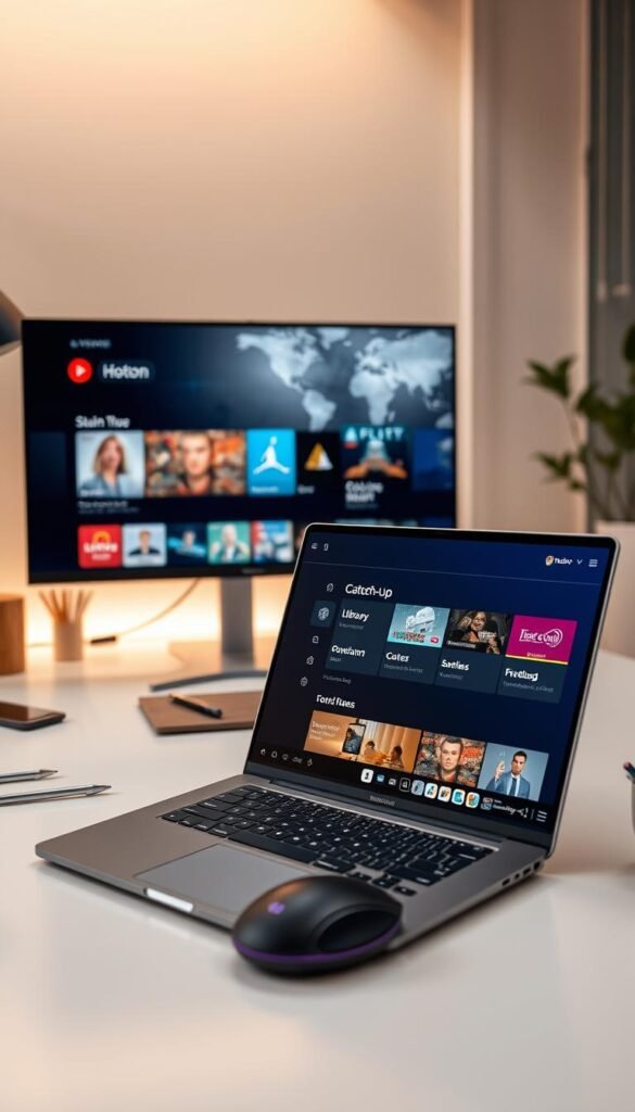 A modern, minimalist desktop setup showcasing the Hoxtoon Provider IPTV service with a focus on its catch-up feature. In the foreground, a laptop displays the Hoxtoon Provider's intuitive interface, highlighting its content library and seamless catch-up functionality. The middle ground features a clean, organized workspace with a wireless mouse, stylish office supplies, and a sleek, minimal monitor stand. The background subtly blends a soft, warm lighting scheme and a minimalist, neutral-toned interior design, creating a professional and inviting atmosphere.