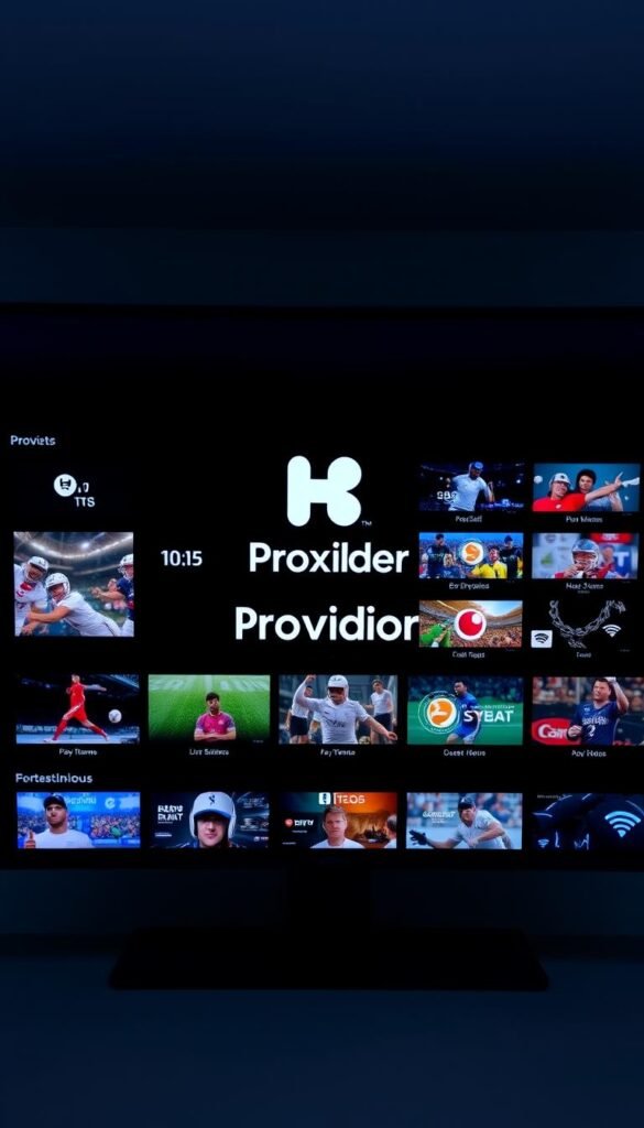 A modern, minimalist digital display showcasing a variety of live sports streams on a dark, sleek interface. In the center, the Hoxtoon Provider logo is prominently featured, surrounded by icons for different sports events and channels. The background is a subtle gradient, creating a sense of depth and emphasizing the digital nature of the content. The overall mood is one of high-quality, on-demand sports entertainment, with a focus on the user-friendly and accessible nature of the Hoxtoon platform.