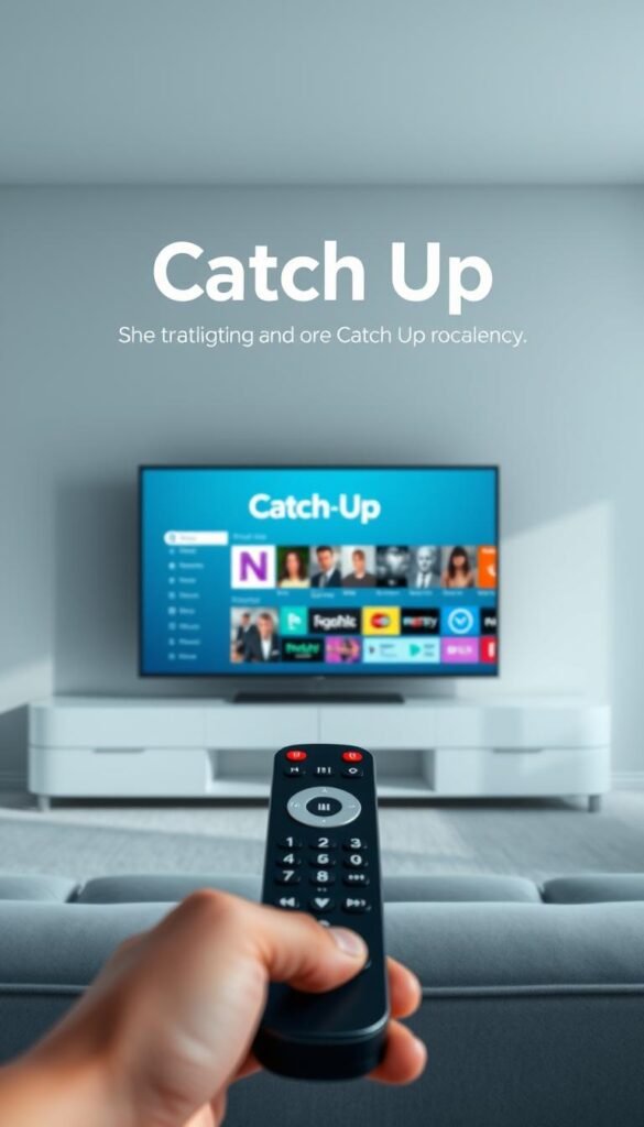 A modern, minimalist digital media center interface displays the "Catch Up" feature prominently, showcasing a sleek and intuitive user experience. Soft blue and gray tones create a calming, sophisticated atmosphere. In the foreground, a smart TV remote control hints at the seamless integration with Hoxtoon Provider's IPTV services. The middle ground features a television screen displaying a variety of on-demand content, representing the expansive Catch Up library. The background subtly suggests a well-appointed living room, emphasizing the convenient, home-centric nature of the feature. Crisp, high-resolution rendering and natural lighting bring the scene to life, highlighting the cutting-edge technology and premium quality of Hoxtoon Provider's IPTV solution.