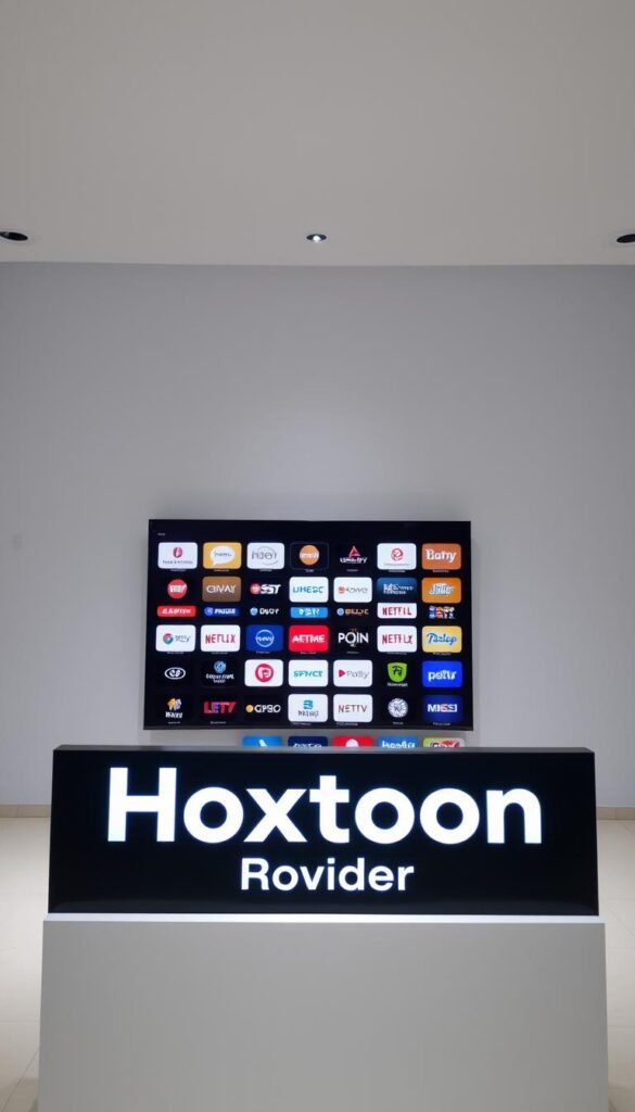 A modern, minimalist display showcasing IPTV channel packages. The foreground features the "Hoxtoon Provider" brand prominently displayed, conveying a sense of premium quality and reliability. The middle ground shows a grid of various channel icons and logos, representing the diverse selection of programming available. The background has a subtle gradient, creating a clean and professional atmosphere. Soft, directional lighting illuminates the scene, giving it a sleek and polished appearance. The overall composition emphasizes the breadth of IPTV offerings, positioning Hoxtoon as a leading provider in the industry.