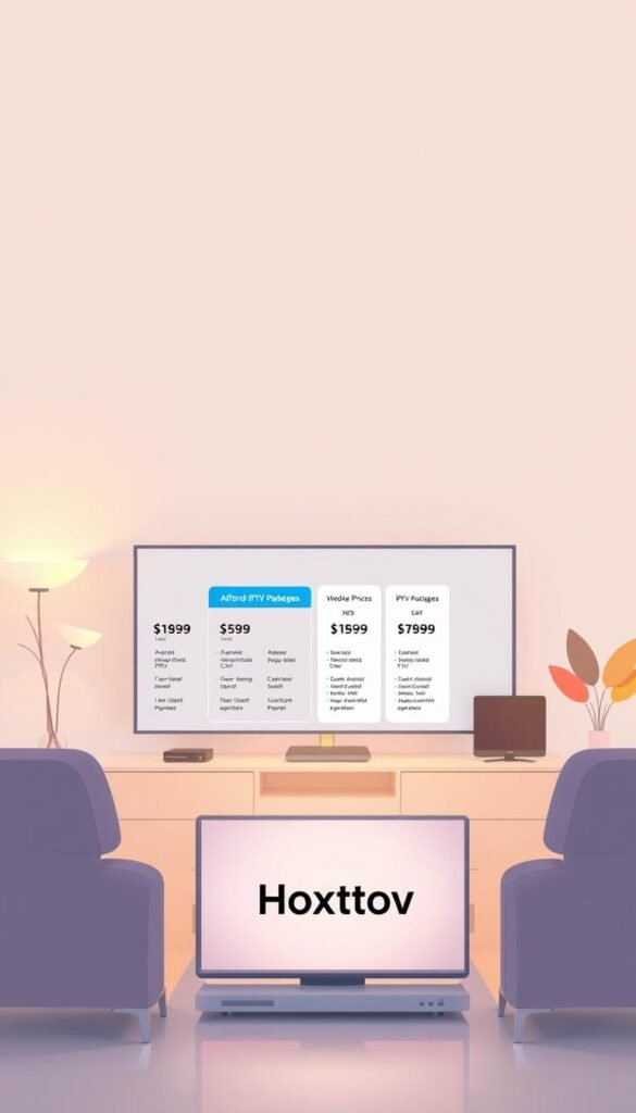 A modern, minimalist illustration depicting affordable IPTV options, showcasing the Hoxtoon Provider service in the foreground. The scene is bathed in warm, inviting lighting, creating a sense of comfort and accessibility. In the middle ground, various IPTV packages and pricing tiers are displayed, highlighting the cost-effectiveness of the Hoxtoon solution compared to traditional cable TV services. The background features a clean, simple backdrop, allowing the key elements to take center stage. The overall composition conveys a sense of value, practicality, and the accessible nature of the Hoxtoon IPTV service.