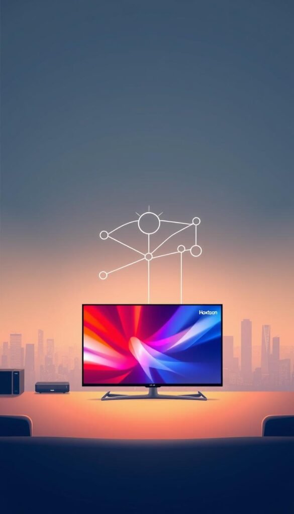 A modern, minimalist illustration depicting the evolution of television technology, showcasing the seamless IPTV experience offered by Hoxtoon Provider. In the foreground, a sleek, high-definition smart TV displays vibrant, uninterrupted content, with a subtle Hoxtoon Provider logo in the corner. The middle ground features a network of interconnected devices, representing the seamless integration of IPTV. In the background, a cityscape fades into the distance, symbolizing the global reach and accessibility of the Hoxtoon IPTV service. The overall scene is bathed in a warm, inviting lighting, conveying a sense of comfort and reliability. The image should capture the progressive, technology-driven nature of the IPTV industry, while highlighting the Hoxtoon Provider's commitment to delivering a buffering-free, premium viewing experience.