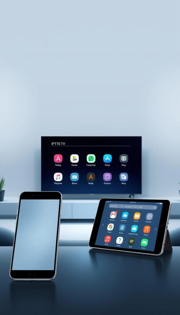 A modern, minimalist illustration depicting the multi-device compatibility of the Hoxtoon Provider IPTV service. In the foreground, a sleek smartphone, tablet, and smart TV are arranged in a dynamic composition, showcasing seamless content streaming across various devices. The middle ground features a clean, futuristic interface with intuitive app icons, emphasizing the user-friendly experience. The background is a muted, gradient-based environment, creating a sense of technological sophistication. Lighting is soft and diffused, with cool tones accentuating the digital nature of the scene. The overall mood is one of efficiency, connectivity, and the convenience of Hoxtoon Provider's multi-device compatibility. Prompt