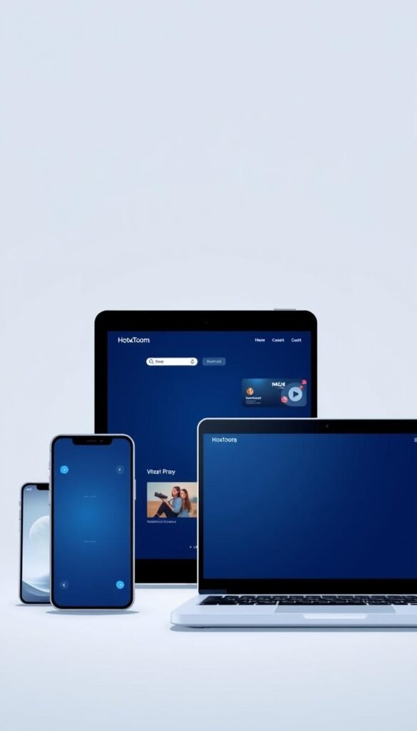 A modern, minimalist illustration depicting the seamless compatibility of the Hoxtoon Provider service across multiple devices. In the foreground, a smartphone, tablet, and laptop are arranged in a harmonious display, their screens showcasing different content. The devices are rendered in a sleek, futuristic style with clean lines and a subtle color palette. The middle ground features a neutral background, allowing the devices to take center stage. Soft, directional lighting illuminates the scene, creating a sense of depth and emphasizing the harmonious integration of the technology. The overall mood is one of efficiency, convenience, and the effortless accessibility of the Hoxtoon Provider platform, inviting the viewer to envision themselves seamlessly accessing entertainment content from anywhere, at any time.