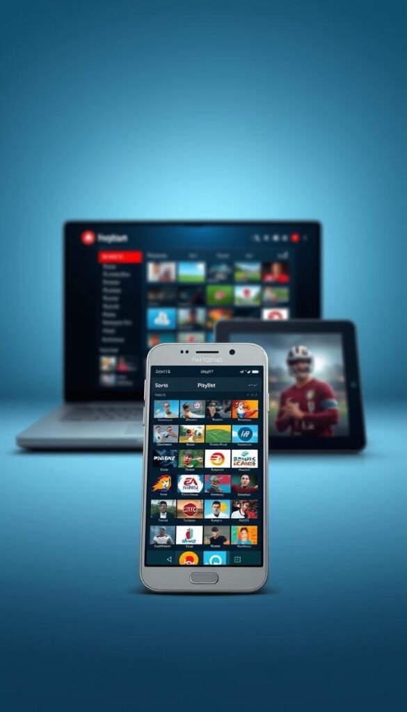 A modern, minimalist illustration of a multi-device IPTV sports playlist. In the foreground, a sleek, silver smartphone displays the "Hoxtoon Provider" interface, showcasing a crisp, high-resolution grid of sports channel icons. In the middle ground, a laptop and a tablet flank the smartphone, all connected and displaying the same playlist. The background features a subtle gradient in shades of blue, evoking a sense of digital connectivity and entertainment. Soft, ambient lighting creates a clean, professional atmosphere. The composition highlights the versatility and cross-platform compatibility of the "Hoxtoon Provider" IPTV service.