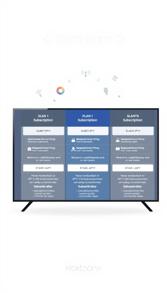A modern, minimalist illustration of subscription plans for the Hoxtoon Provider IPTV service. In the foreground, a clean grid layout showcases the different plan tiers, each with distinct icons and pricing details. The middle ground features subtle graphic elements, such as signal waves or channel icons, to evoke the idea of a robust IPTV network. The background is a soft, muted gradient, allowing the plan details to take center stage. The overall aesthetic is professional, visually appealing, and aligned with the Hoxtoon brand identity.