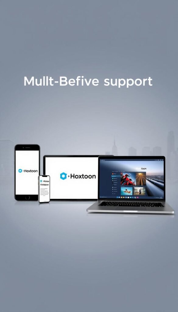 A modern, minimalist illustration of the Hoxtoon Provider multi-device support feature. In the foreground, a smartphone, tablet, and laptop are arranged in a sleek, high-tech display, their screens showcasing the Hoxtoon logo and interface. The middle ground features a clean, gradient-filled backdrop, emphasizing the devices and their interconnectivity. The background subtly hints at a cityscape, with skyscrapers and clean lines, suggesting the versatility and accessibility of Hoxtoon's streaming capabilities across various devices and environments. The lighting is soft and evenly distributed, creating a sense of balance and professionalism. The overall mood is one of modern technology, seamless integration, and premium quality.