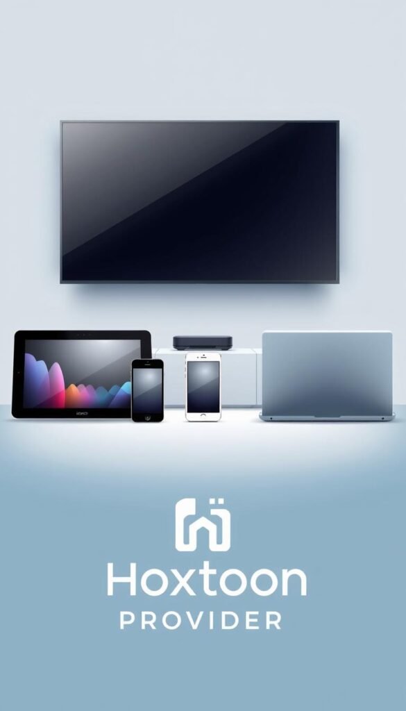 A modern, minimalist illustration showcasing multi-device streaming capabilities. In the foreground, a Hoxtoon Provider logo is prominently displayed, conveying the brand's premium IPTV offering. The middle ground features a variety of contemporary electronic devices - a smart TV, a tablet, a smartphone, and a laptop - seamlessly connected and streaming content in harmony. The background is a clean, elegant gradient, creating a sense of sophistication and high-end technology. Soft, diffused lighting accentuates the devices, highlighting their sleek designs. The overall composition emanates a refined, premium aesthetic suitable for an article on premium IPTV subscriptions.
