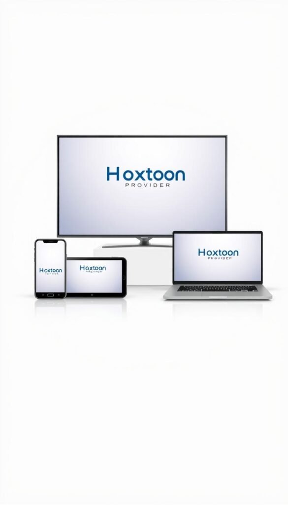 A modern, minimalist illustration showcasing the multi-device compatibility of the Hoxtoon Provider IPTV service. In the foreground, an array of devices including a smart TV, smartphone, tablet, and laptop are arranged in a visually appealing layout. The devices feature the Hoxtoon Provider brand name prominently displayed on their screens, highlighting the service's cross-platform availability. The background is a clean, gradient-based color scheme that complements the sleek, technologically-advanced feel of the image. Soft, directional lighting casts subtle shadows, adding depth and dimensionality to the composition. The overall tone is one of professionalism, innovation, and user-friendliness, reflecting the key attributes of the Hoxtoon Provider IPTV solution.