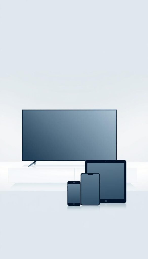 A modern, minimalist illustration showcasing the multi-device compatibility of the Hoxtoon Provider streaming service. In the foreground, a minimalist silhouette of a smart TV, tablet, and smartphone devices arranged neatly. In the middle ground, clean lines and geometric shapes in a cool, muted color palette represent the seamless connectivity between the devices. The background features a subtle gradient, with a soft, ethereal glow suggesting the reliable, cloud-based nature of the Hoxtoon platform. Crisp, high-resolution rendering with a slight depth of field for a polished, professional aesthetic.