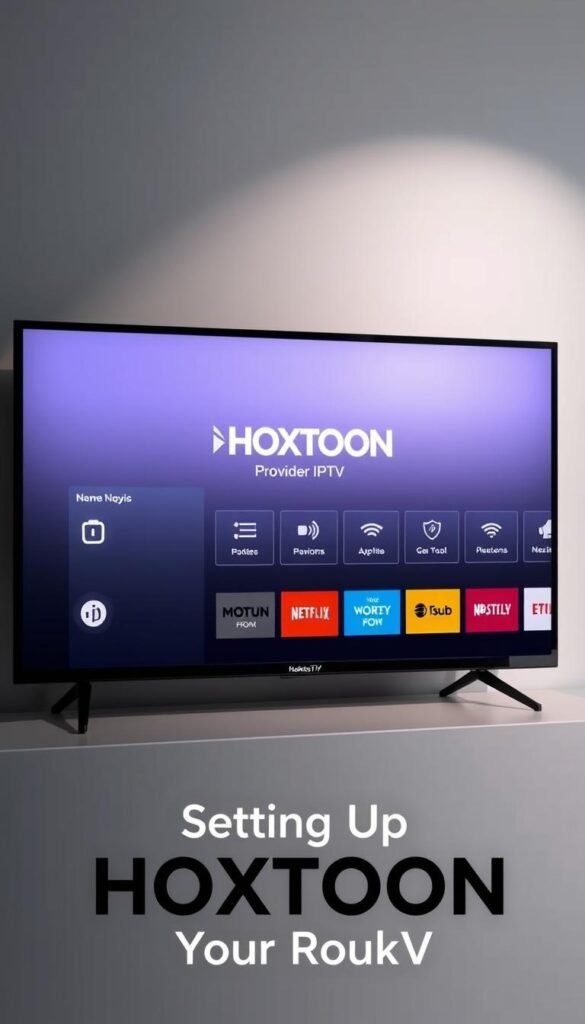 A modern, minimalist interface of the Hoxtoon Provider IPTV app for Roku TV, with a clean dashboard and intuitive navigation. The app's logo is prominently displayed, set against a soft, neutral background that conveys a sense of simplicity and professionalism. The interface features crisp iconography and smooth transitions, indicating a user-friendly experience. Subtle lighting and camera angles highlight the app's sleek design, creating an inviting and visually appealing presentation that aligns with the "Setting Up HOXTOON on Your Roku TV" section of the article.