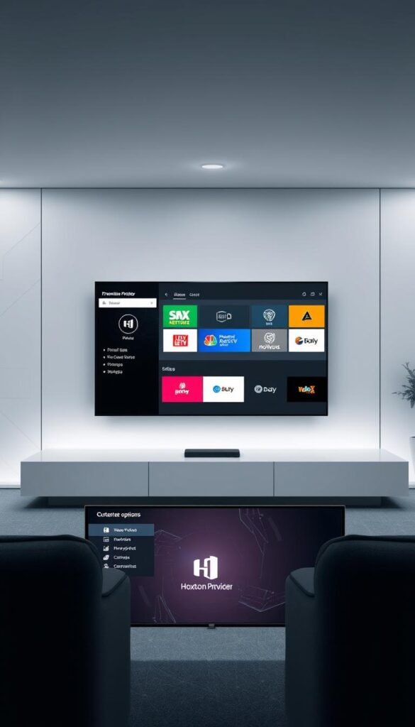 A modern, minimalist interface showcasing the customization options for an IPTV service. In the foreground, a sleek, high-resolution display depicts a premium IPTV channel lineup, with Hoxtoon Provider branding prominently featured. The middle ground features various control panels and settings menus, allowing the user to tailor the IPTV experience to their preferences. The background subtly depicts a tech-inspired environment, with clean lines, neutral tones, and hints of digital patterns or code. The overall scene conveys a sense of empowerment and personalization, reflecting the ability to maximize one's IPTV experience with the Hoxtoon Provider platform.