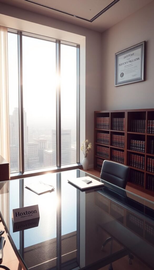 A modern, minimalist legal office interior with a large window overlooking a cityscape. Sunlight streams through, casting long shadows and a warm, professional atmosphere. In the foreground, a sleek glass and chrome desk with a laptop, papers, and a "Hoxtoon Provider" logo plaque. Bookshelves line the walls, filled with legal tomes. A framed certificate or plaque indicating IPTV service regulations hangs prominently on the wall. The overall scene conveys the legal and regulatory aspects of IPTV services in the United States.
