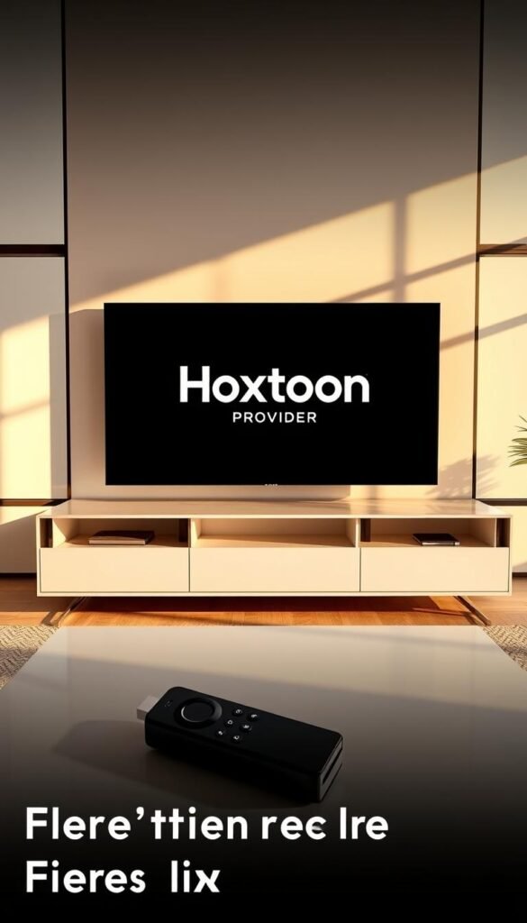 A modern, minimalist living room setting with a large 4K HDR television prominently displayed. On the television screen, the Hoxtoon Provider logo is clearly visible, indicating a free IPTV service being used on a Firestick device. The room is well-lit, with natural light streaming in through large windows, creating a warm and inviting atmosphere. The Firestick remote is positioned on a sleek, modern coffee table, subtly hinting at the ease of accessing the IPTV service. The overall scene conveys a sense of legality and legitimacy, aligning with the section's focus on legal considerations when using IPTV services.