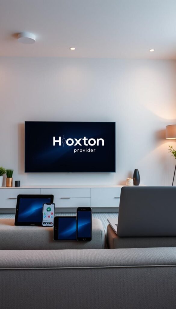 A modern, minimalist living room setting with various electronic devices prominently displayed - a smart TV, a tablet, a smartphone, and a laptop. The devices are strategically arranged to showcase their compatibility and seamless integration. The room is well-lit, with a warm, inviting atmosphere created by soft, diffused lighting. The Hoxtoon Provider logo is subtly incorporated into the design, highlighting its role in enabling this multi-device experience. The overall composition emphasizes the versatility and convenience of the IPTV service, encouraging the viewer to envision a seamless, connected entertainment experience across multiple platforms.