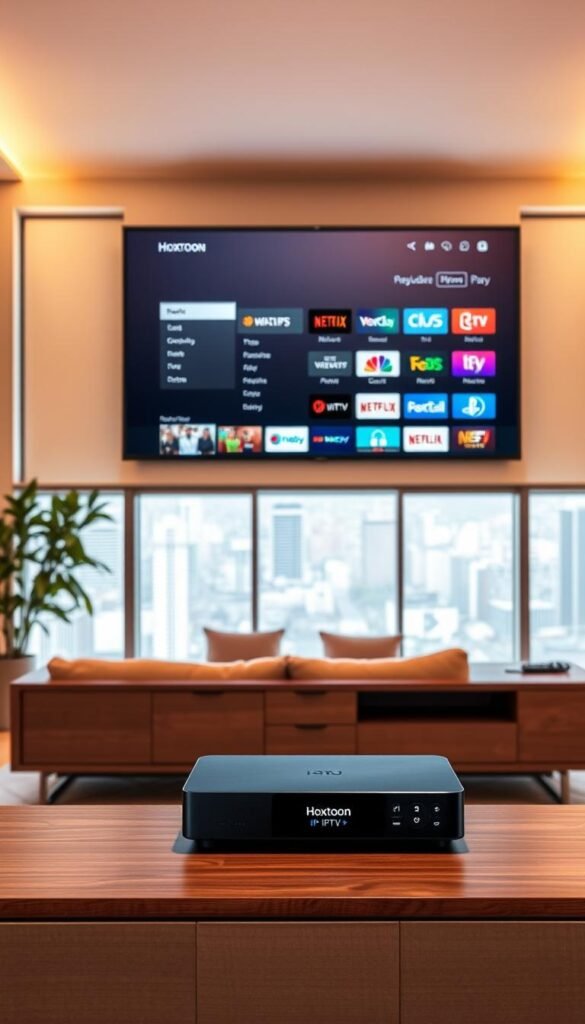 A modern, minimalist living room with a large flat-screen TV displaying a Hoxtoon Provider IPTV interface. The room is bathed in warm, soft lighting, creating a cozy and inviting atmosphere. In the foreground, a sleek, high-end streaming device sits on a wood-and-metal media console, signifying the reliable and premium-quality nature of the Hoxtoon IPTV service. The middle ground features a comfortable couch and a side table with a remote control, emphasizing the seamless and user-friendly experience. The background showcases large windows overlooking a vibrant city skyline, hinting at the global reach and wide selection of channels offered by the Hoxtoon IPTV platform.