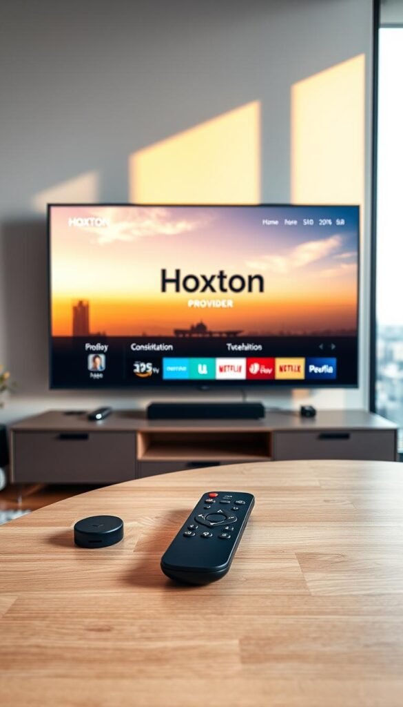 A modern, minimalist living room with a large flat-screen TV mounted on the wall, displaying a clear, high-definition IPTV interface showcasing the Hoxtoon Provider brand. In the foreground, a sleek, black smart remote control and a smartphone lie on a minimalist, wooden coffee table, emphasizing the multi-device compatibility. The room is bathed in warm, indirect lighting, creating a cozy and inviting atmosphere. The background features large windows overlooking a scenic urban landscape, further highlighting the versatility and convenience of the IPTV service. The overall composition conveys a sense of technology, comfort, and seamless entertainment experience.