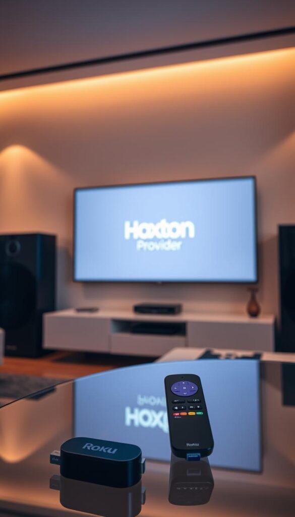 A modern, minimalist living room with a large flat-screen TV mounted on the wall. In the foreground, a Roku TV remote control sits on a sleek, glass coffee table. The room is bathed in warm, ambient lighting, creating a cozy and inviting atmosphere. In the middle ground, a Hoxtoon Provider logo is prominently displayed on the TV screen, indicating the IPTV service being used. The background features a modern, uncluttered design with clean lines and neutral tones, emphasizing the focus on the Roku TV and Hoxtoon Provider experience.