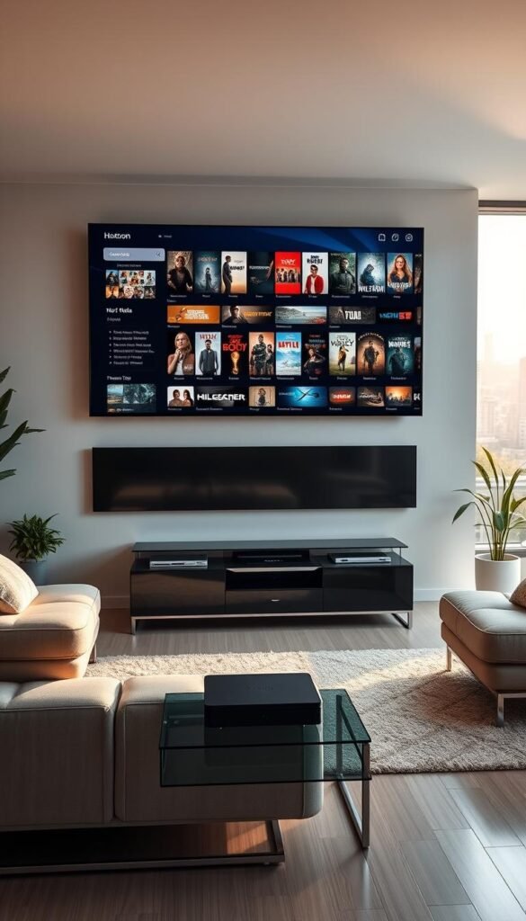 A modern, minimalist living room with a large wall-mounted 4K TV displaying a diverse selection of on-demand entertainment options. In the foreground, a sleek Hoxtoon Provider media box sits atop a modern glass-and-steel entertainment center, offering seamless access to a vast library of over 150,000 video-on-demand titles. Soft, indirect lighting illuminates the space, creating a cozy and inviting atmosphere. The middle ground features a comfortable, L-shaped sofa facing the TV, with a plush rug and a few potted plants adding natural elements to the room. The background showcases a large window overlooking a cityscape, bathing the scene in warm, natural light. The overall composition conveys a sense of relaxation, convenience, and the endless possibilities of on-demand entertainment powered by the Hoxtoon Provider.