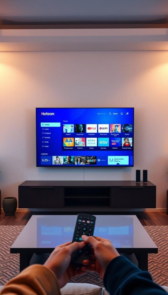A modern, minimalist living room with a sleek smart TV mounted on the wall. The TV screen displays the Hoxtoon Provider IPTV interface, showcasing its intuitive menu and content selections. The room is bathed in warm, ambient lighting, creating a cozy and inviting atmosphere. A person's hands are shown interacting with the TV's remote control, highlighting the ease of setup and navigation. The overall scene conveys a sense of technology seamlessly integrated into a comfortable, contemporary home environment.