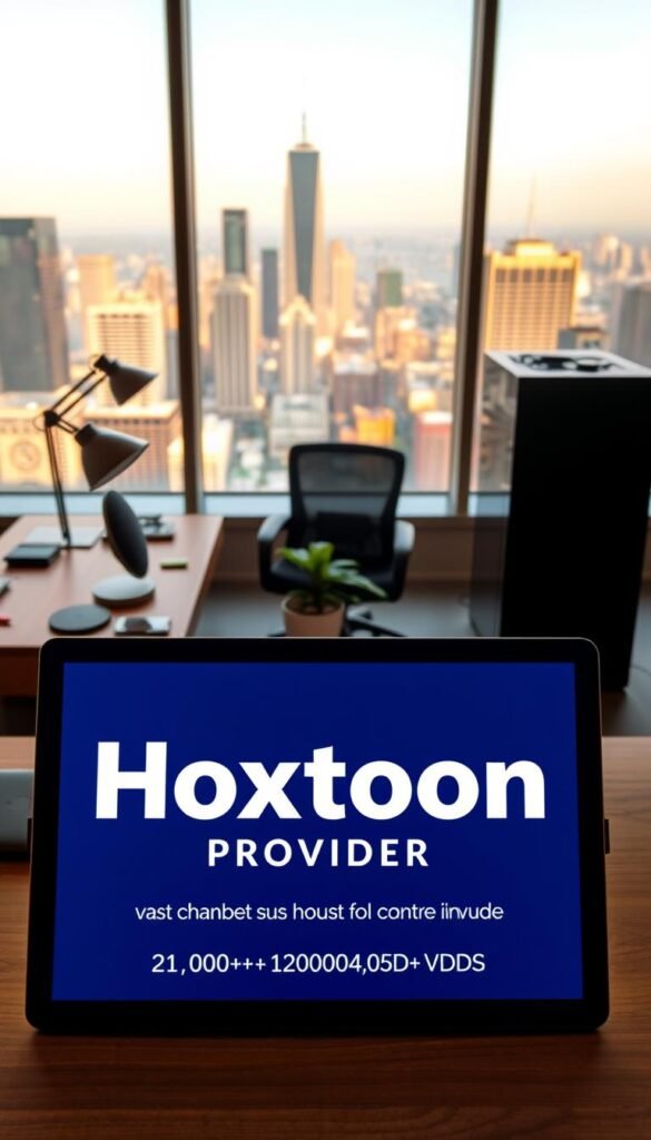 A modern, minimalist office interior with a large panoramic window overlooking a bustling city skyline. In the foreground, a sleek wooden desk with a high-end desktop computer, a stylish lamp, and a neatly organized set of office supplies. On the desk, a tablet or laptop prominently displays the "Hoxtoon Provider" logo, showcasing their comprehensive IPTV subscription services with a vast library of 21,000+ channels and 150,000+ VODs. The middle ground features a comfortable office chair and a small potted plant, creating a sense of balance and productivity. The background is bathed in warm, natural lighting, lending a professional and inviting atmosphere to the scene.