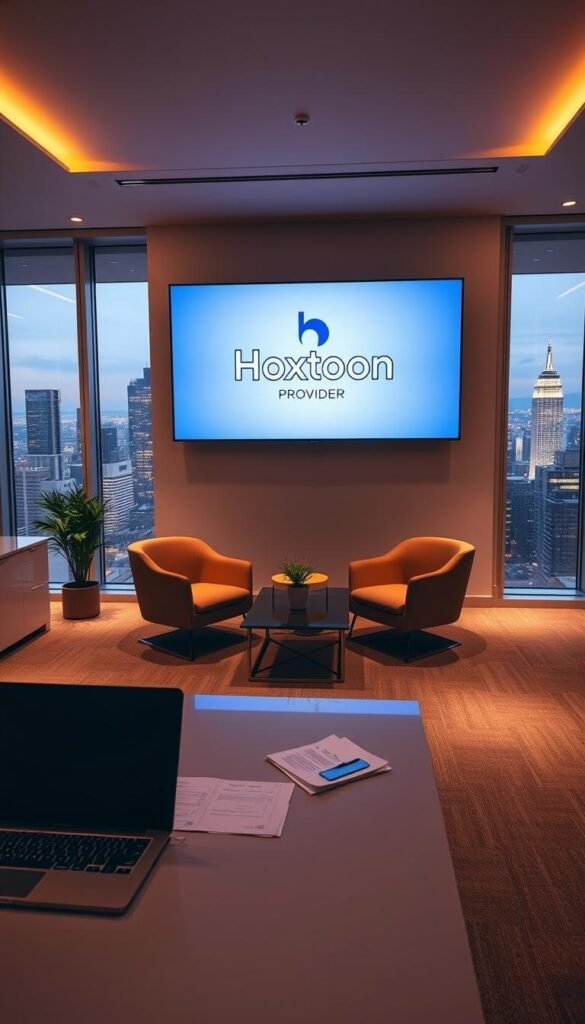 A modern, minimalist office interior with a large wall-mounted screen displaying the Hoxtoon Provider logo. The room is bathed in warm, ambient lighting, creating a professional and trustworthy atmosphere. In the foreground, a sleek, high-end desk with a laptop, some paperwork, and a potted plant. The middle ground features comfortable chairs and a coffee table, suggesting a welcoming space for client meetings. The background showcases floor-to-ceiling windows, offering a panoramic view of a vibrant city skyline, symbolizing Hoxtoon Provider's national reach and industry leadership. The overall composition conveys a sense of reliability, innovation, and customer-centric service that defines Hoxtoon as one of the best legal IPTV providers in the USA.