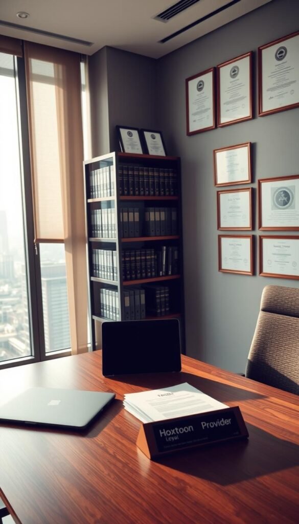 A modern, minimalist office interior with a large window overlooking a city skyline. In the foreground, a stylish wooden desk with a laptop, a tablet, and a stack of legal documents. On the desk, a nameplate reads "Hoxtoon Provider". In the middle ground, a bookshelf filled with legal volumes and compliance manuals. The lighting is soft and natural, casting a warm glow over the scene. The walls are adorned with framed certificates and awards, conveying the professionalism and legitimacy of the Hoxtoon Provider brand. The overall atmosphere is one of trust, transparency, and legal compliance.