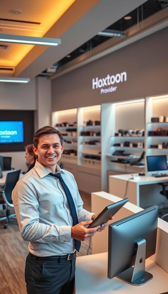 A modern, minimalist office interior with sleek desks, ergonomic chairs, and a large screen displaying the "Hoxtoon Provider" logo. The space is bathed in warm, diffused lighting from floor-to-ceiling windows, creating a comfortable and professional atmosphere. In the foreground, a customer service representative in a crisp, collared shirt and tie is smiling warmly while assisting a customer with a tablet. The background features neatly arranged shelves stocked with electronics and accessories, conveying Hoxtoon's wide range of products and services. An overall sense of efficiency, expertise, and dedication to customer satisfaction permeates the scene.