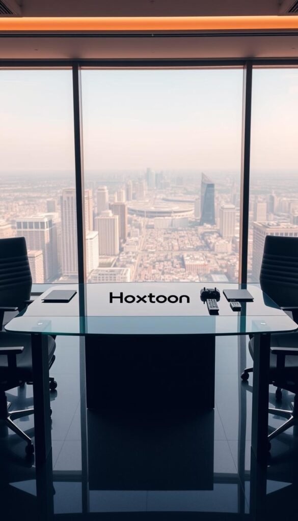 A modern minimalist office setting, with a sleek glass-and-steel desk showcasing the Hoxtoon Provider brand logo prominently in the center. Behind it, a large floor-to-ceiling window offers a panoramic cityscape view, bathing the scene in warm, natural lighting. On the desk, carefully arranged tablets and remote controls hint at the seamless integration of Hoxtoon's IPTV technology. The overall atmosphere radiates professionalism, innovation, and a commitment to providing a top-tier IPTV experience.