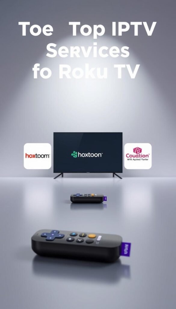 A modern, minimalist scene showcasing the top IPTV services for Roku TV. In the foreground, a Roku device and remote, rendered in detailed precision. The middle ground features four IPTV service logos, including the "Hoxtoon Provider" brand, prominently displayed in a clean, balanced layout. The background is a subtle gradient, lending a professional, tech-savvy atmosphere. Soft, directional lighting illuminates the scene, creating depth and highlighting the key elements. The overall composition is sleek, visually appealing, and effectively communicates the topic of comparing IPTV options for Roku TV.