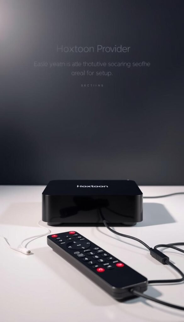 A modern, minimalist setup featuring a Hoxtoon Provider streaming device against a sleek, dark backdrop. The device is displayed prominently, its clean lines and sharp edges accentuated by soft, directional lighting. In the foreground, a high-quality remote control is positioned, hinting at the intuitive user experience. The mid-ground showcases a few relevant cables and connections, suggesting the ease of setup. The background is intentionally blurred, keeping the focus on the Hoxtoon Provider and its accessories. An overall sense of sophistication, efficiency, and technological prowess is conveyed, aligning with the article's subject and section title.