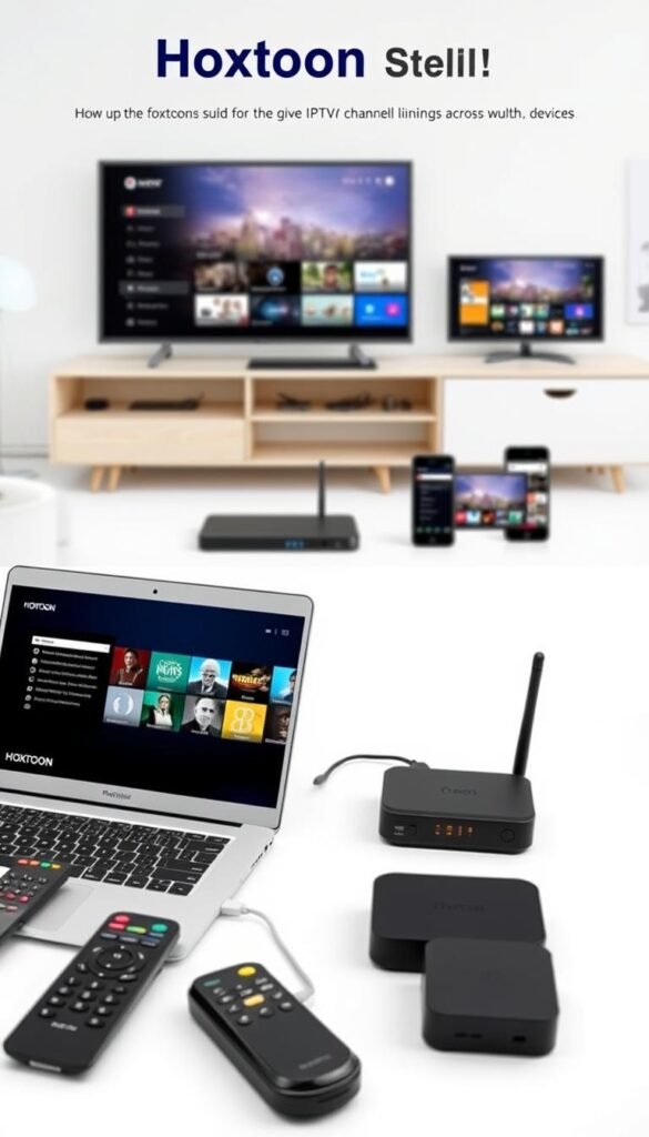 A modern minimalist setup guide for the Hoxtoon Provider IPTV service. A clean and well-lit display shows a laptop or tablet, with the Hoxtoon app interface prominently featured. The foreground includes various remote controls, streaming devices, and networking equipment like a modem or router, all arranged neatly. The middle ground showcases different TV sets and mobile devices displaying the Hoxtoon channel lineup. The background has a soft, blurred cityscape or living room setting, conveying a sense of domestic comfort and technology integration. The overall scene emphasizes the ease of setting up and using the Hoxtoon IPTV solution across multiple devices. A modern minimalist setup guide for the Hoxtoon Provider IPTV service. A clean and well-lit display shows a laptop or tablet, with the Hoxtoon app interface prominently featured. The foreground includes various remote controls, streaming devices, and networking equipment like a modem or router, all arranged neatly. The middle ground showcases different TV sets and mobile devices displaying the Hoxtoon channel lineup. The background has a soft, blurred cityscape or living room setting, conveying a sense of domestic comfort and technology integration. The overall scene emphasizes the ease of setting up and using the Hoxtoon IPTV solution across multiple devices.