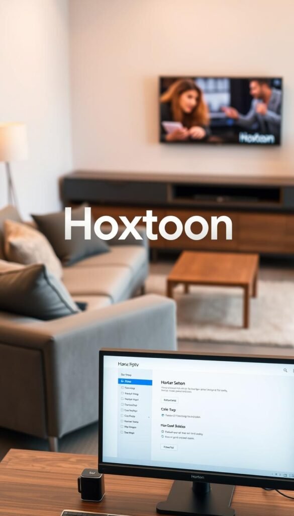 A modern, minimalist setup guide for the Hoxtoon Provider IPTV service. A sleek, silver Hoxtoon logo is prominently displayed at the center, against a soft, blurred background of living room furnishings - a cozy gray sofa, a wooden coffee table, and a wall-mounted TV playing IPTV content. The foreground features a desktop computer with a clean, uncluttered interface showing the Hoxtoon setup process. The lighting is warm and inviting, creating a sense of comfort and simplicity. The composition is balanced, with the Hoxtoon branding and setup details as the focal points, guiding the viewer's attention.