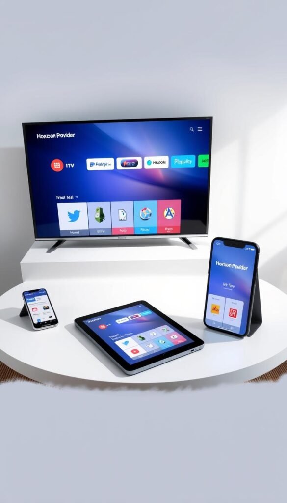 A modern, minimalist setup showcasing various devices displaying the Hoxtoon Provider IPTV interface. A sleek smart TV, a tablet, and a smartphone are arranged neatly on a minimalist, white table, with subtle lighting illuminating the scene. The IPTV interface is displayed clearly on each device, highlighting the seamless experience across different platforms. The overall atmosphere is one of simplicity, technology, and user-friendliness, reflecting the ease of setting up and using the Hoxtoon Provider IPTV service.