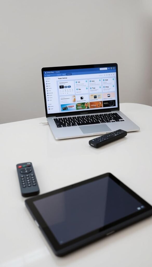A modern, minimalist setup with a laptop, tablet, and remote control prominently displayed on a clean, white table. The laptop screen shows the Hoxtoon Provider interface, with a sleek, intuitive dashboard and clear instructions for connecting devices. The tablet and remote control are positioned nearby, suggesting an integrated, seamless IPTV experience. Soft, diffused lighting illuminates the scene, creating a sense of clarity and professionalism. The overall composition conveys the simplicity and accessibility of the Hoxtoon Provider IPTV setup.