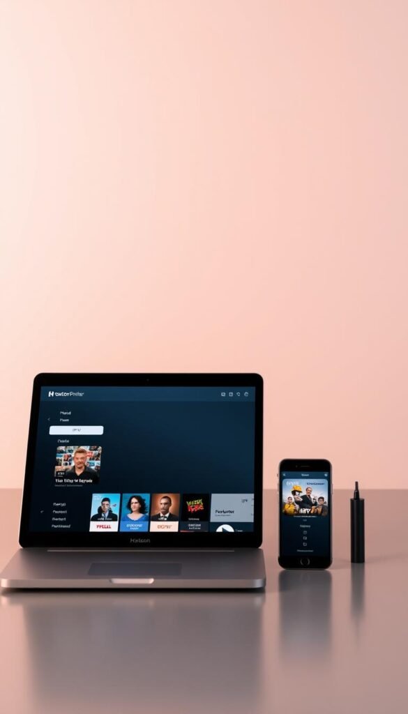 A modern, minimalist setup with a laptop, tablet, and smartphone showcasing various IPTV streaming options and the Hoxtoon Provider brand. The foreground features the devices with clean, simple interfaces displaying IPTV content. The middle ground has a sleek, metallic desk surface and a subtle Hoxtoon Provider logo. The background is a soft, blurred gradient in neutral tones, creating a professional, technology-focused atmosphere. Lighting is soft and diffused, with a warm, inviting tone. The overall composition emphasizes the ease and convenience of the Hoxtoon IPTV service.