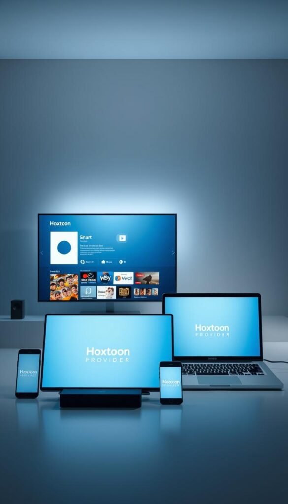 A modern, minimalist still life capturing the versatility of the Hoxtoon Provider streaming service. In the foreground, an arrangement of various electronic devices - a smart TV, a tablet, a smartphone, and a laptop - seamlessly connected and displaying the Hoxtoon Provider interface. Soft, indirect lighting illuminates the scene, highlighting the sleek, premium design of the devices. The middle ground features a stylized background in shades of blue and gray, conveying a sense of technological sophistication. The overall composition emphasizes the multi-device compatibility of the Hoxtoon Provider service, showcasing its ability to deliver a consistent, high-quality streaming experience across a wide range of platforms.