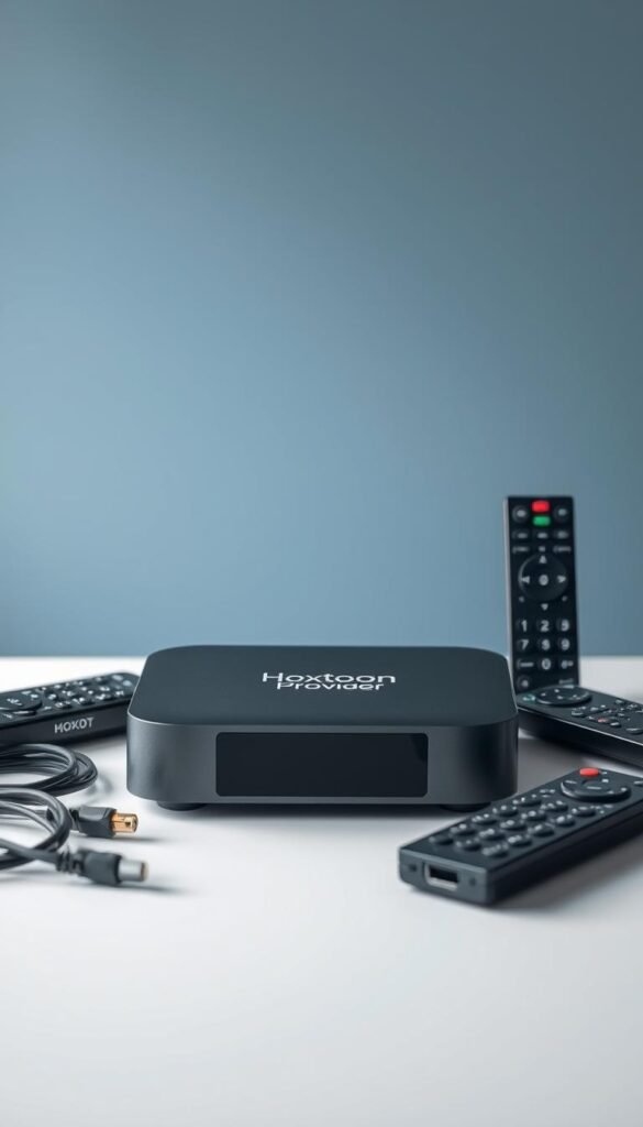 A modern, minimalist still life featuring a slate-grey Mag box device with the "Hoxtoon Provider" logo prominently displayed. The Mag box sits atop a clean, white surface, surrounded by various cable connectors, remote controls, and other IPTV-related accessories. The background is a soft, blurred gradient of cool blues and greys, creating a sense of focus on the central Mag box. The lighting is soft and diffused, with gentle shadows adding depth and dimension to the scene. The overall composition is balanced and visually appealing, conveying the idea of a high-quality, reliable IPTV service for the Mag box platform.