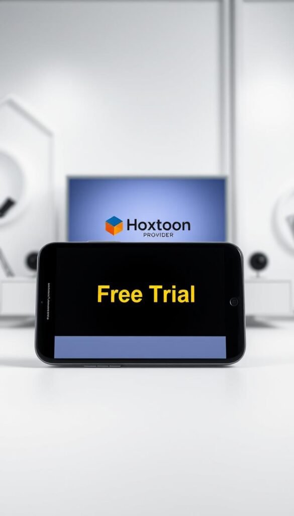A modern, minimalist-style image of a free trial IPTV service. In the foreground, a sleek and contemporary smartphone displays the "Hoxtoon Provider" logo and a "Free Trial" offer. The background features a clean, white or light-colored setting with subtle geometric patterns or minimal, soft-edged shapes to create a sense of simplicity and elegance. The lighting is soft and diffused, accentuating the device's display and creating a welcoming, inviting atmosphere. The composition is balanced, with the smartphone positioned prominently and the surrounding elements complementing it without distracting from the central focus. The overall mood is one of professionalism, accessibility, and the promise of a hassle-free IPTV experience.